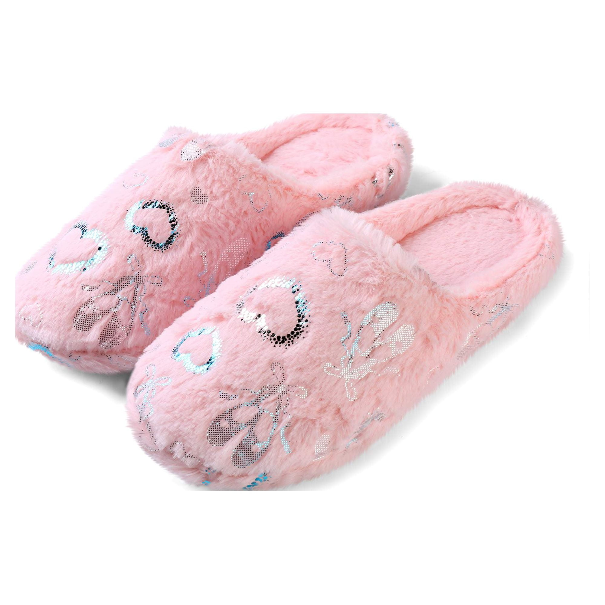 Aerusi Women’s Fuzzy Heart House Slippers, Closed Toe Slip-On Warm Plush Indoor Outdoor Shoes, Non-Slip Sole