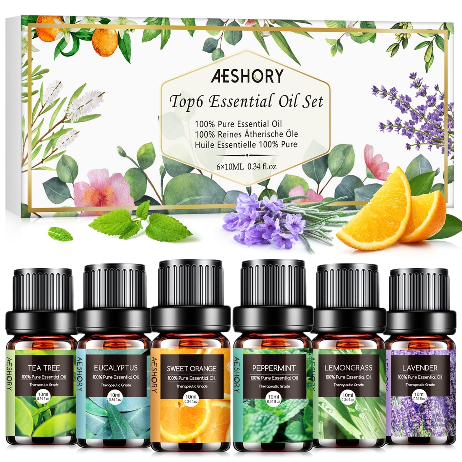 Aeshory 10ML Essential Oil Set, Tea Tree, Lavender, Eucalyptus, Peppermint, Orange, Lemongrass, 6 Count