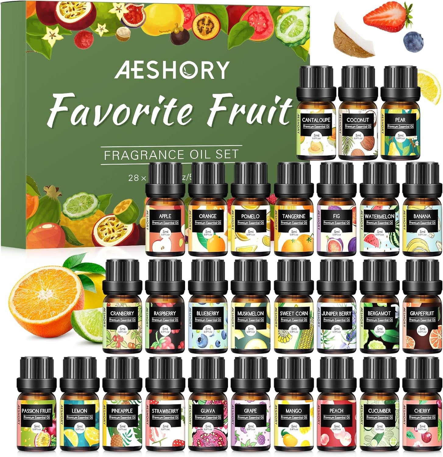 Aeshory 28-Pack Fruit Fragrance Oils Set - 5ml Aromatherapy Oils for Diffusers and Candle Making