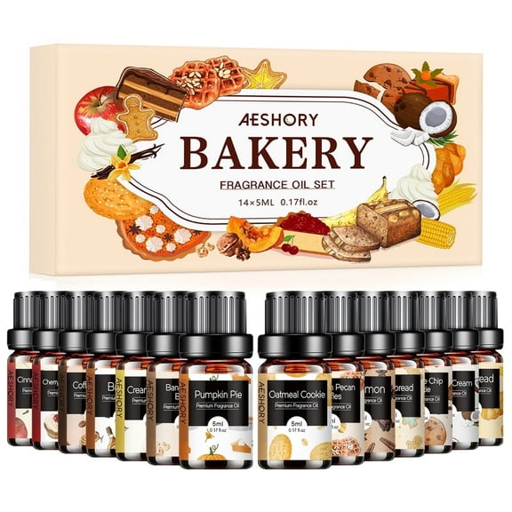 Aeshory Bakery Fragrance Oils Set, Pumpkin Pie, Coffee Cake, Oatmeal Cookie, Gingerbread, Cinnamon Apple Aromatherapy Scented Oils, 5ml / 14 count