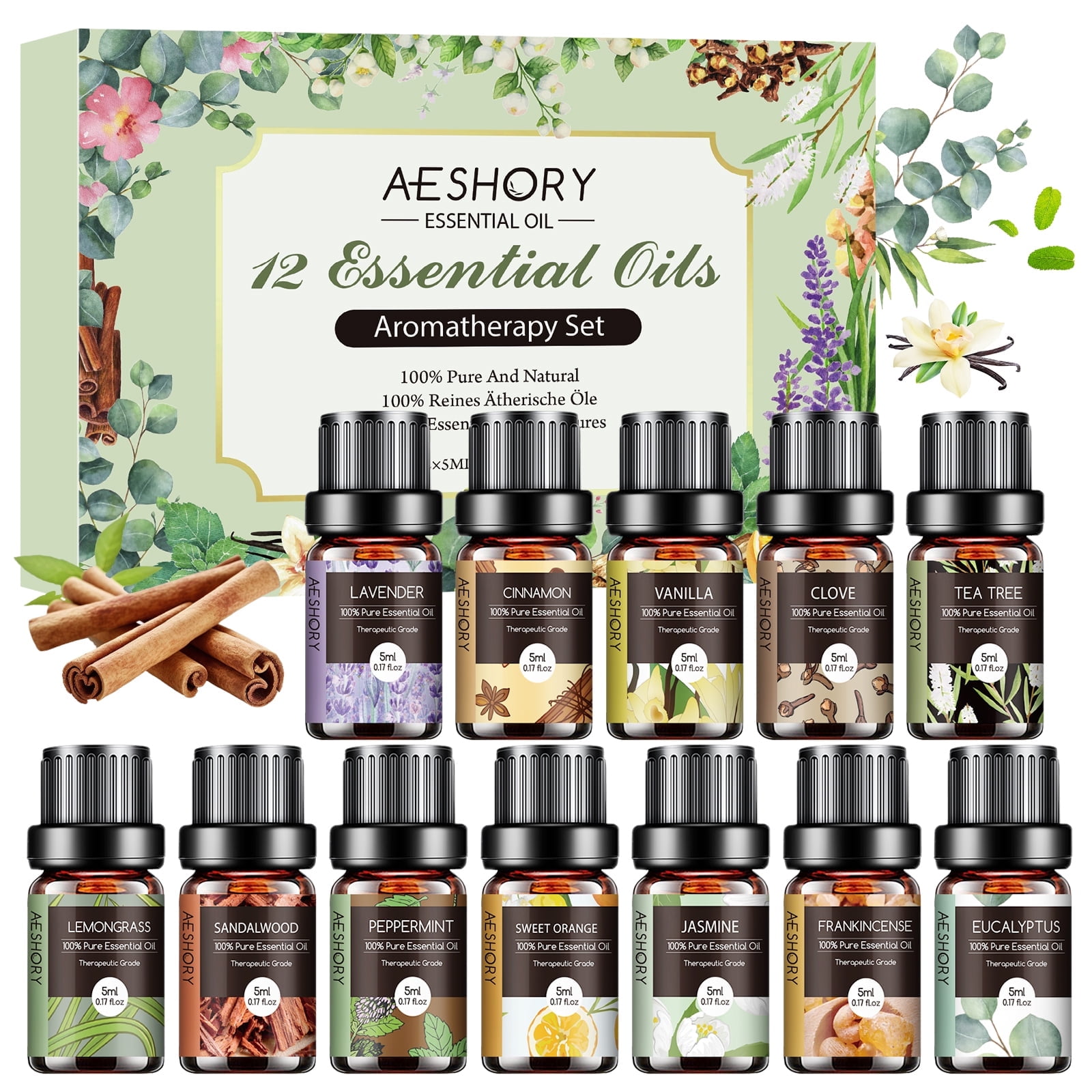 Aeshory Essential Oils Set for Diffuser, Humidifier, Aromatherapy, Massage, Soap, Candle Making (12 Pack/5mL)