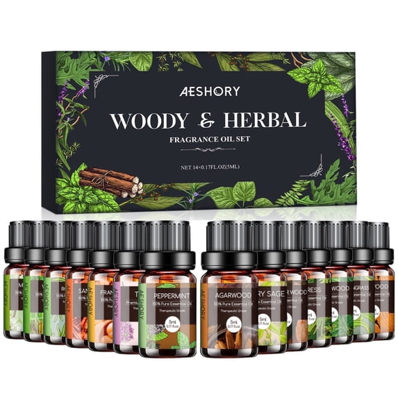 Aeshory 14-Piece Woody & Herbal Essential Oil Set - 5ml Bottles for Diffuser, Aromatherapy & Candle Making