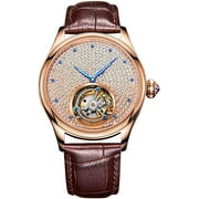 Aesop Men's Genuine Mechanical Hand-Wind Tourbillon Gypsophila Luminous Wrist Watch Business Dress Watches Leather Strap