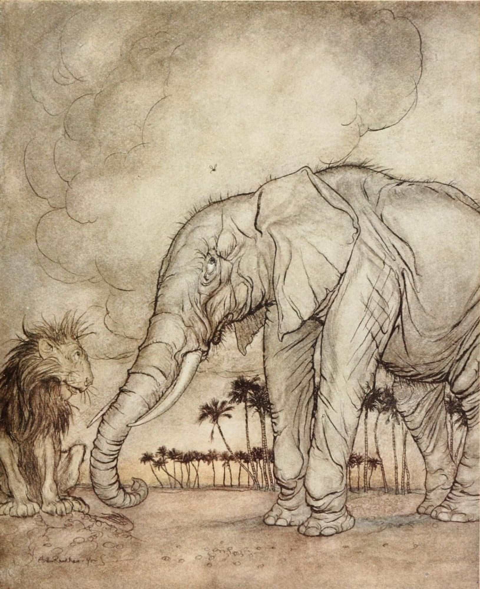 Aesops Fables 1912 Lion Jupiter & Elephant Canvas Art - A Rackham (24 x 36)