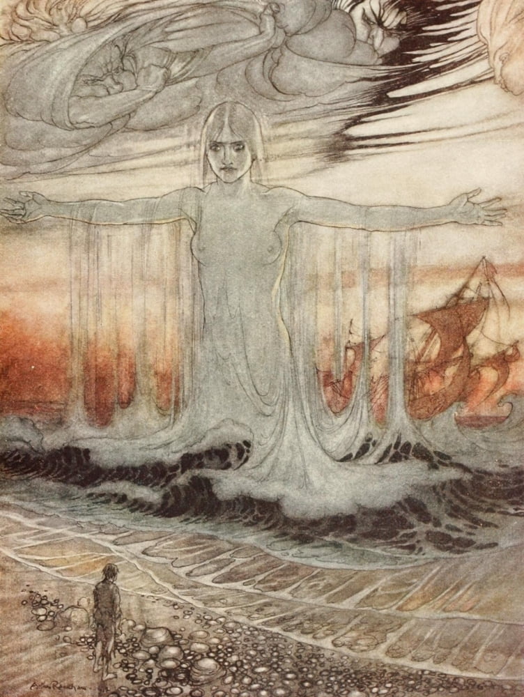 Aesops Fables 1912 Shipwrecked man & the Sea Canvas Art - A Rackham (24 x 36)