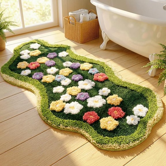 Aesthetic 3D Moss Rug, Super Absorbent Non-Slip Microfiber Grass Mat for Playroom, Irregular Shaped Green Carpet for Forest Bath Mat, Circle Cute Tufted Area Rug Trendy Rugs for Bedroom 48 x 24 in