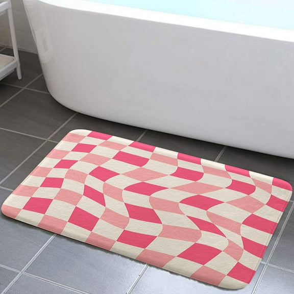 Aesthetic 70S Abstract Wavy Swirl Bath Rugs, Cute Pink Beige Checkerboard Non-Slip Doormat Floor Entryways Indoor Front Door Mat Bath Mat, Bathroom Rug Accessories Shower Mat Floor Mat