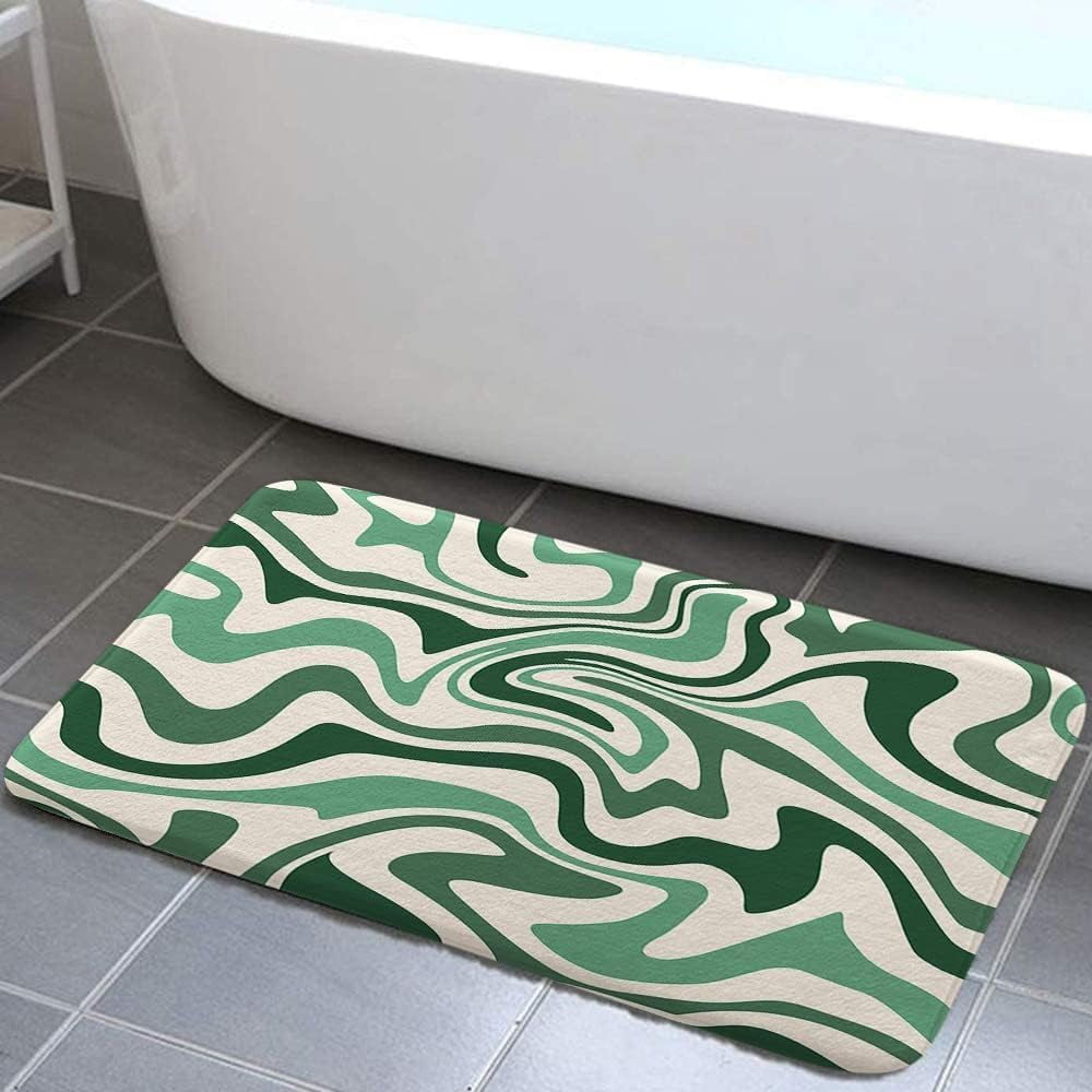 Aesthetic 70S Abstract Wavy Swirl Bath Rugs, Cute Sage Green Bath Mats ...