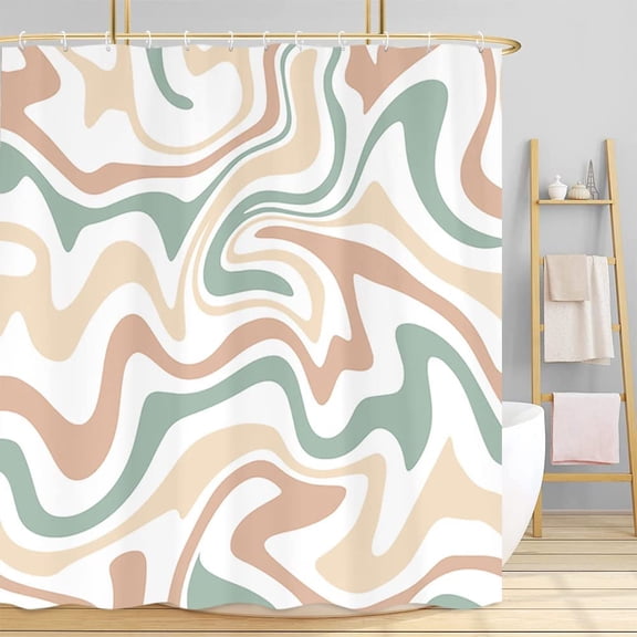 Aesthetic 70S Abstract Wavy Swirl Fabric Shower Curtain for Bathroom, Cute Pink Sage Green Pastel Vintage 2000s 90s 80s Retro Minimal Teen Girls Restroom Decor Accessories with Hooks 72X72in