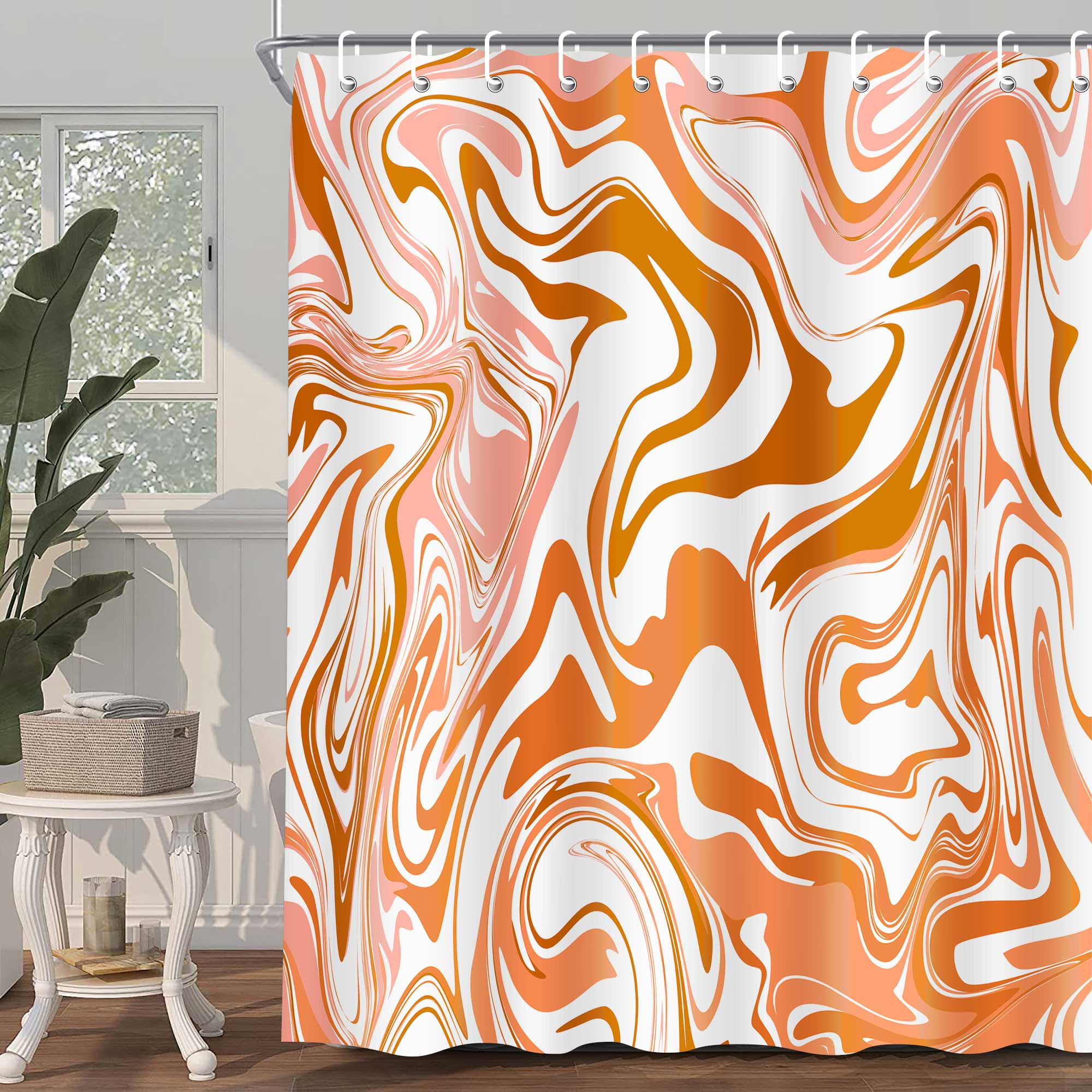 Aesthetic 70S Abstract Wavy Swirl Shower Curtain,Cute Orange Marble Bath Curtain, Modern Ombre Retro Boho Minimal Bathroom Accessories Groovy Teen Girls Bathroom Curtain Liner Set Hooks
