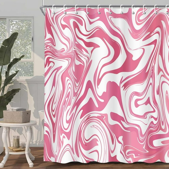 Aesthetic 70S Abstract Wavy Swirl Shower Curtain,Cute Pink Marble Bath Curtain, Modern Ombre Retro Boho Minimal Bathroom Accessories Groovy Teen Girls Bathroom Curtain Liner Set Hooks
