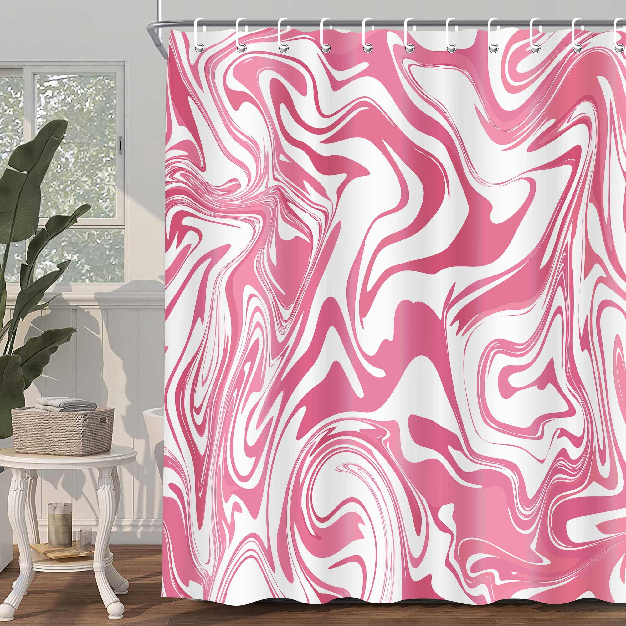 Aesthetic 70S Abstract Wavy Swirl Shower Curtain,Cute Pink Marble Bath Curtain, Modern Ombre Retro Boho Minimal Bathroom Accessories Groovy Teen Girls Bathroom Curtain Liner Set Hooks
