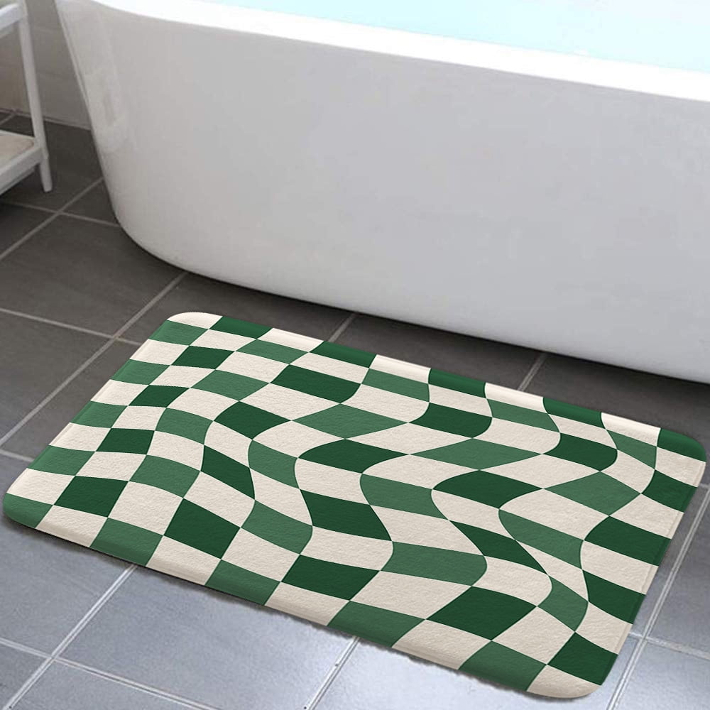 Aesthetic 70S Sage Green Checkerboard Bath Rugs, Retro Boho Minimal ...