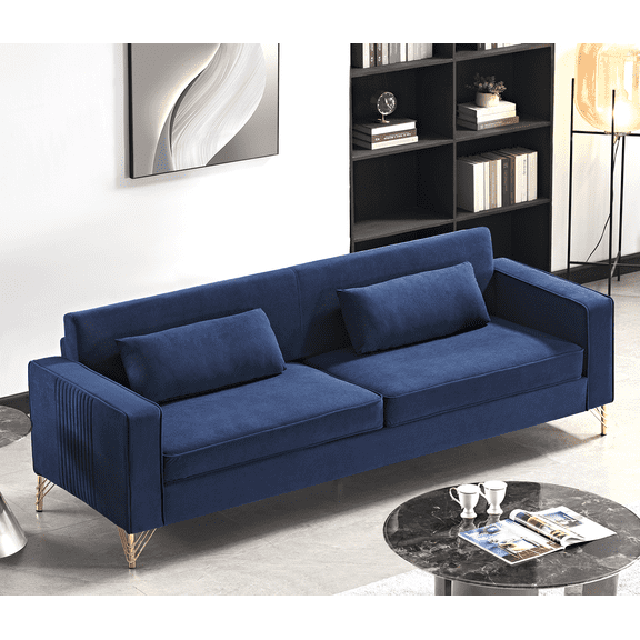 Aesthetic 85.8" Blue Velvet Sofa for Living Room: Luxurious 4-Seat Couch, Classic Modern Appeal, Plush Comfort, Easy Care - Perfect for Family Gatherings & Stylish Home Decor