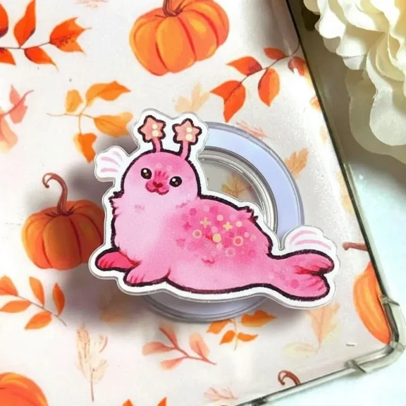 Aesthetic Alien Seal Grip Cute Pink & Green Sea Lion Space Accessory for All Phones & Tablets, Unique E-reader Holder