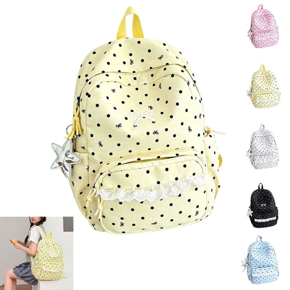 Aesthetic Backpack Cute Backpack with Lace Dot Pattern Casual Rucksack Laptop Daypack Kawaii Supplies with Cute Accessories Casual Rucksack with Lace Decor Fashion College Backpack,Yellow