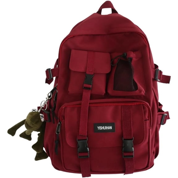 Aesthetic Backpack with Cute Frog Pendant for Women Men Preppy Laptop Backpack Japanese Harajuku College Backpack (Red,One Size)