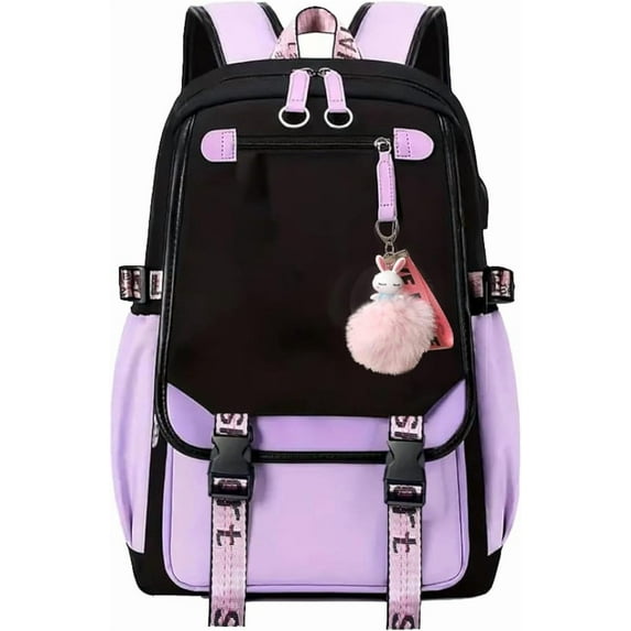 Aesthetic Backpack with USB Charging Port, Stylish School Bookbag & Daypack for Women, Purple