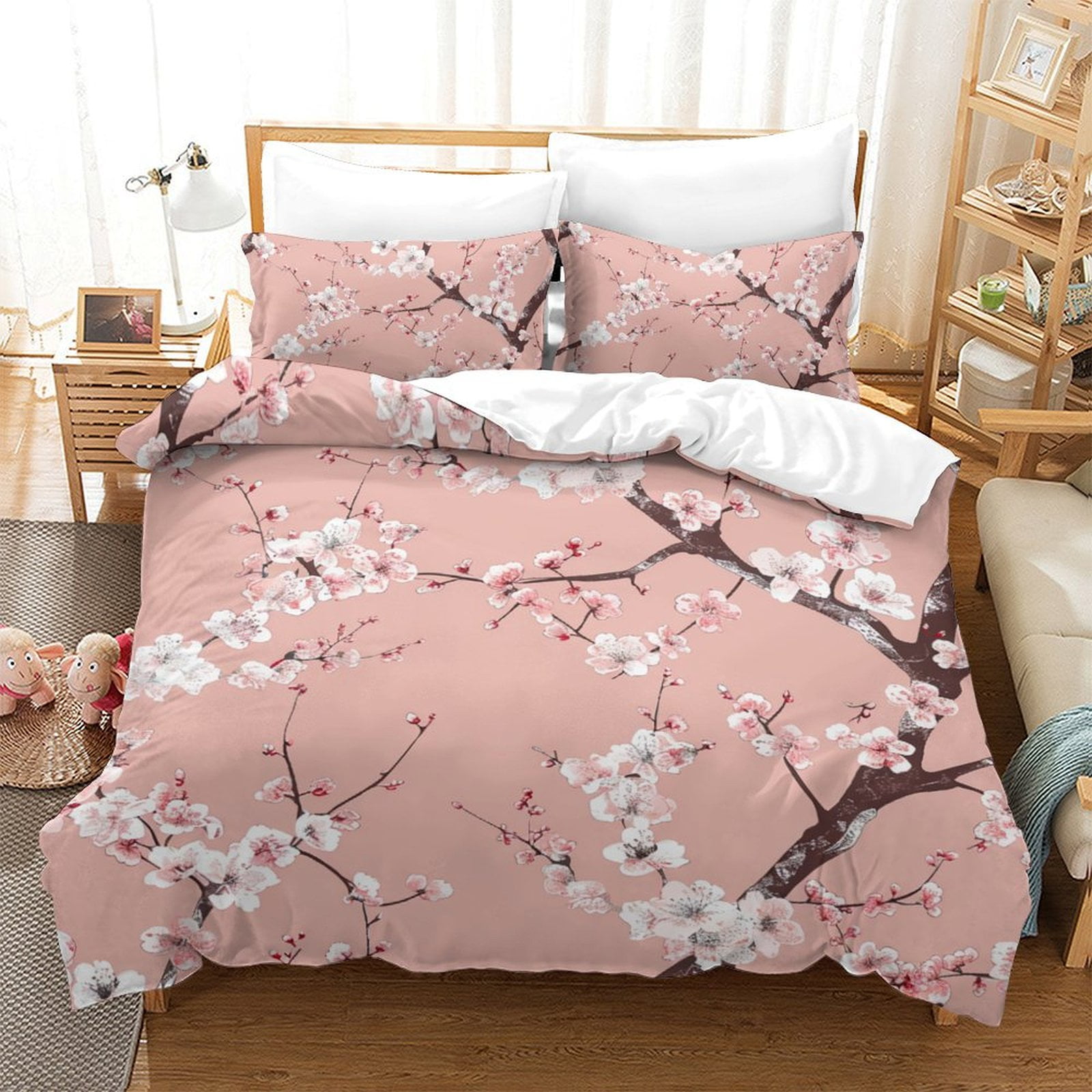 Aesthetic Bedding Set Pink Background Sakura Printed Comforter Cover 