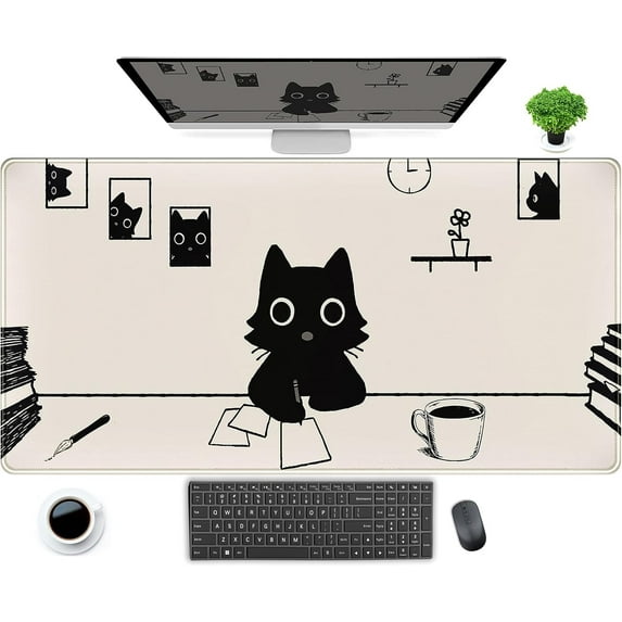 Aesthetic Beige White Anime Desk Mat Mouse Pad Cute Kawaii Minimalist Black Cartoon Cat XXL Large Extended Gaming Mousepad Desk Pad, PC Laptop Keyboard and Mouse Mat for Women Desk 31.5x15.75 in