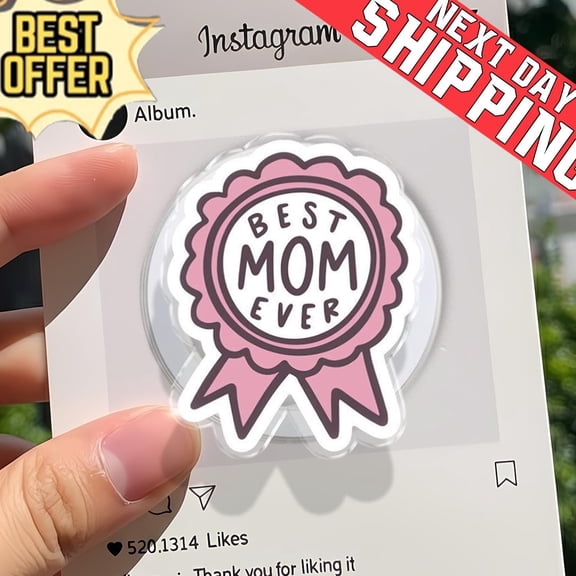 Aesthetic Best Mom Ever Badge Phone Grip, Retro Pink Mothers Day Award Socket, Cute Ribbon Heart Phone Accessory, Meaningful Gift for Mom
