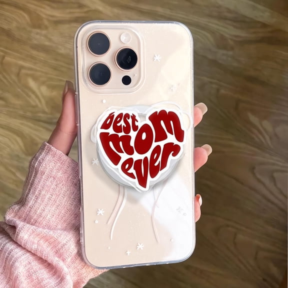 Aesthetic Best Mom Ever Red Heart Phone Grip, Retro Mother's Day Gift Socket, Cute Groovy Heart Phone Accessory, Meaningful Gift for Mom