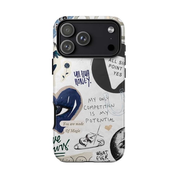 Aesthetic Black & Blue Collage Phone Case, Abstract Art & Text Cover for iPhone 17 16 15 14 13 12 11 Series