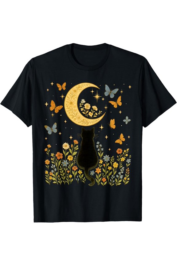 Aesthetic Black Cat Flower Halloween Cottagecore Women T-Shirt Size S-5XL
