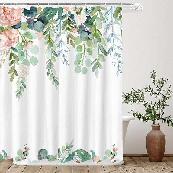 Aesthetic Blooming Floral Shower Curtain Sets, Watercolor Pink Flowers Green Leaves Tropical Bathroom Decorative 72 X 72 Inch Polyester Waterproof Fabric Bath Curtain with Hooks