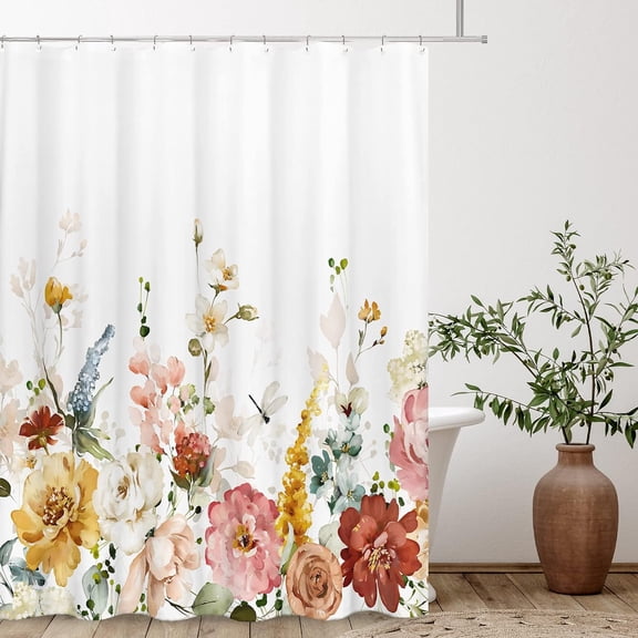 Aesthetic Blooming Floral Shower Curtain, Watercolor Red Flowers White Petals Sage Green Leaves Tropical Bathroom Decorative 71x71 Inch Polyester Waterproof Fabric Bath Curtain with Hooks