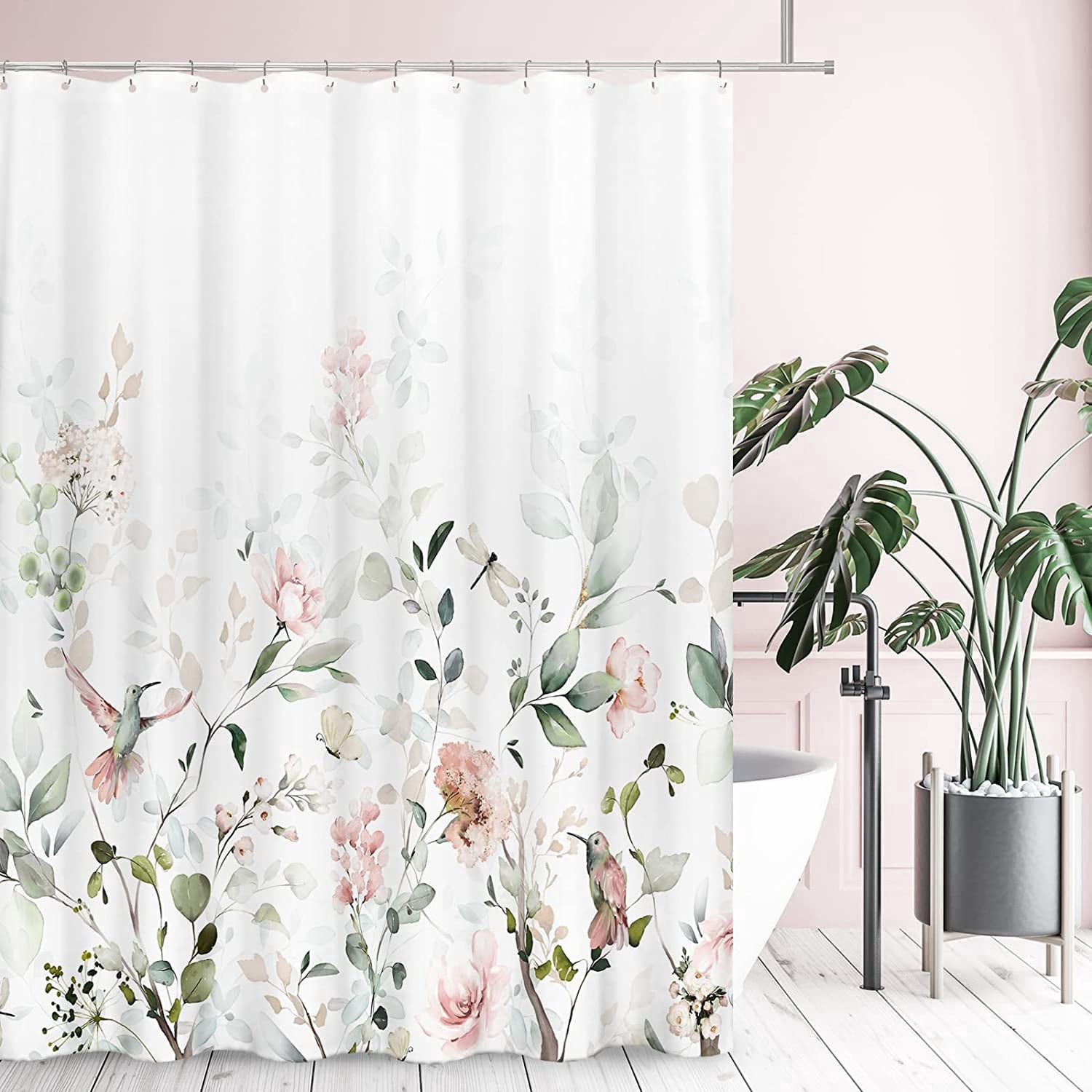 Aesthetic Blooming White Floral Shower Curtain Sets, Watercolor Pink Flowers Birds Butterflies Tropical Bathroom Decorative 71 X 84 Inch Polyester Waterproof Fabric Bath Curtain with Hooks