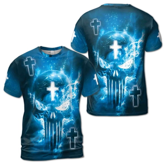 Aesthetic Blue Christian Skull Men's T-shirt S-5XL