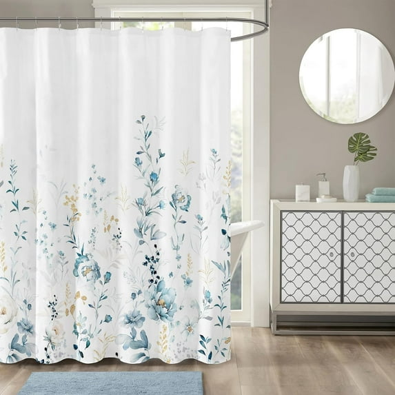 Aesthetic Blue Floral Shower Curtain, Watercolor Gold Leaves Plant Bathroom Decoration Shower Curtain Sets 71x71 Inch with Hooks