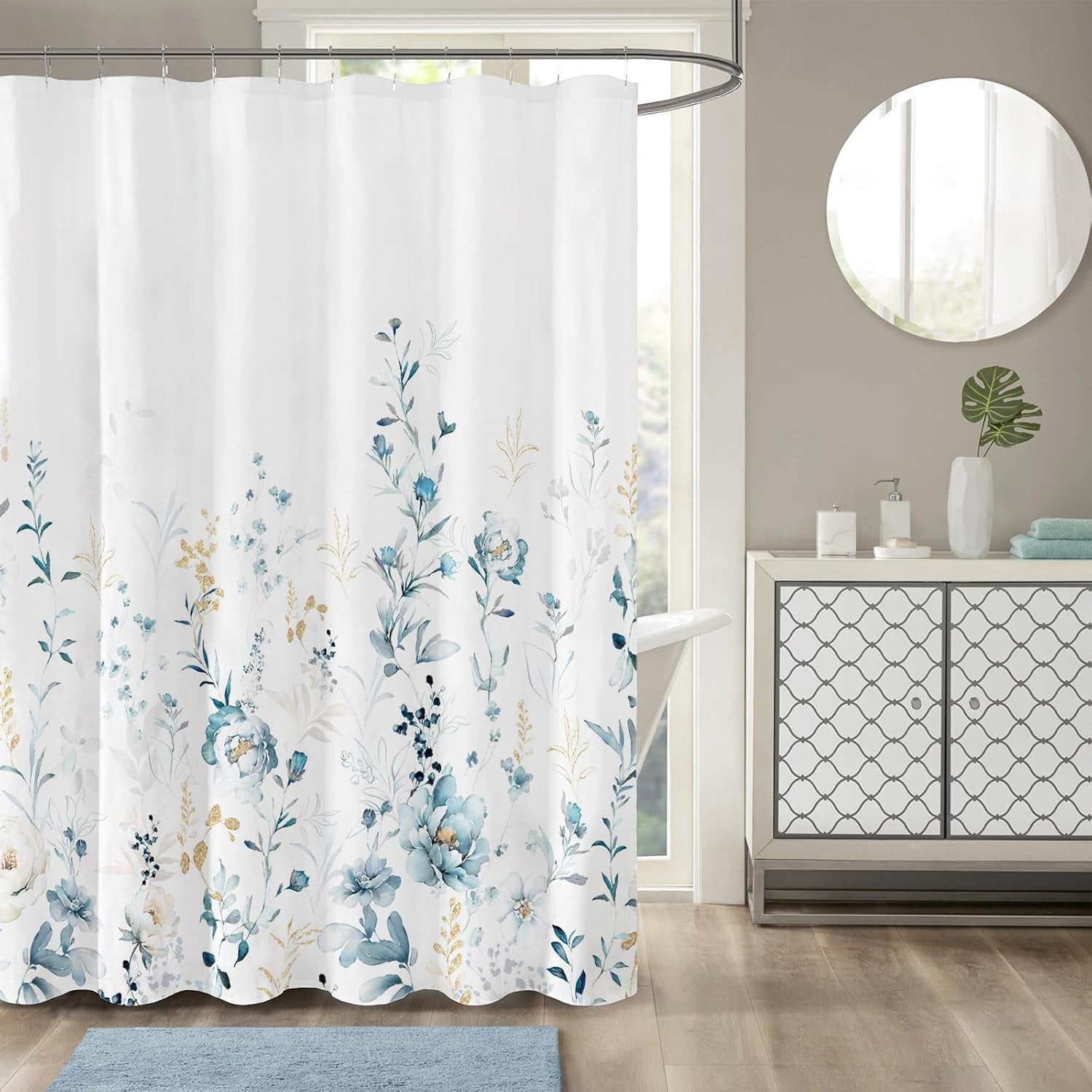 Aesthetic Blue Floral Shower Curtain, Watercolor Gold Leaves Plant