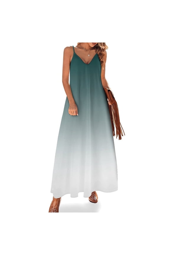 Aesthetic Blue Green And White Gradient Sleeveless Suspender Dress Summer Fashion Casual Long Dress