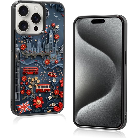 Aesthetic Blue London Preppy Phone Case Compatible with iPhone 15 Pro Case 6.1 Inch, TPU Shockproof Protection Retro Flowers UK Collage Phone Case for Girls Women Cover