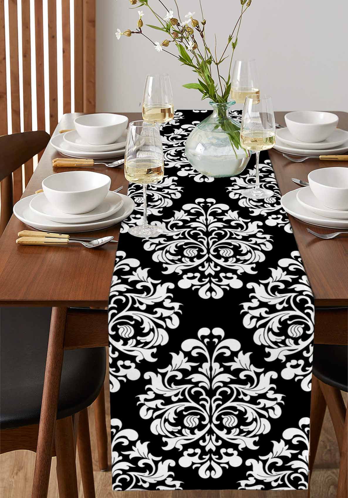 Aesthetic Boho Black White Floral Table Runner 13x70in Non-Slip Cotton ...