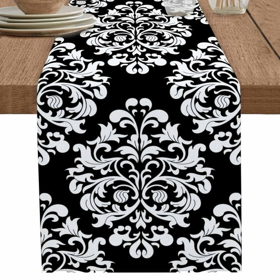 Aesthetic Boho Black White Floral Table Runner-70 Inch Long Abstract Minimalist Art Table Runners Linen Burlap Tablerunner for Kitchen Dining Room Holiday Party