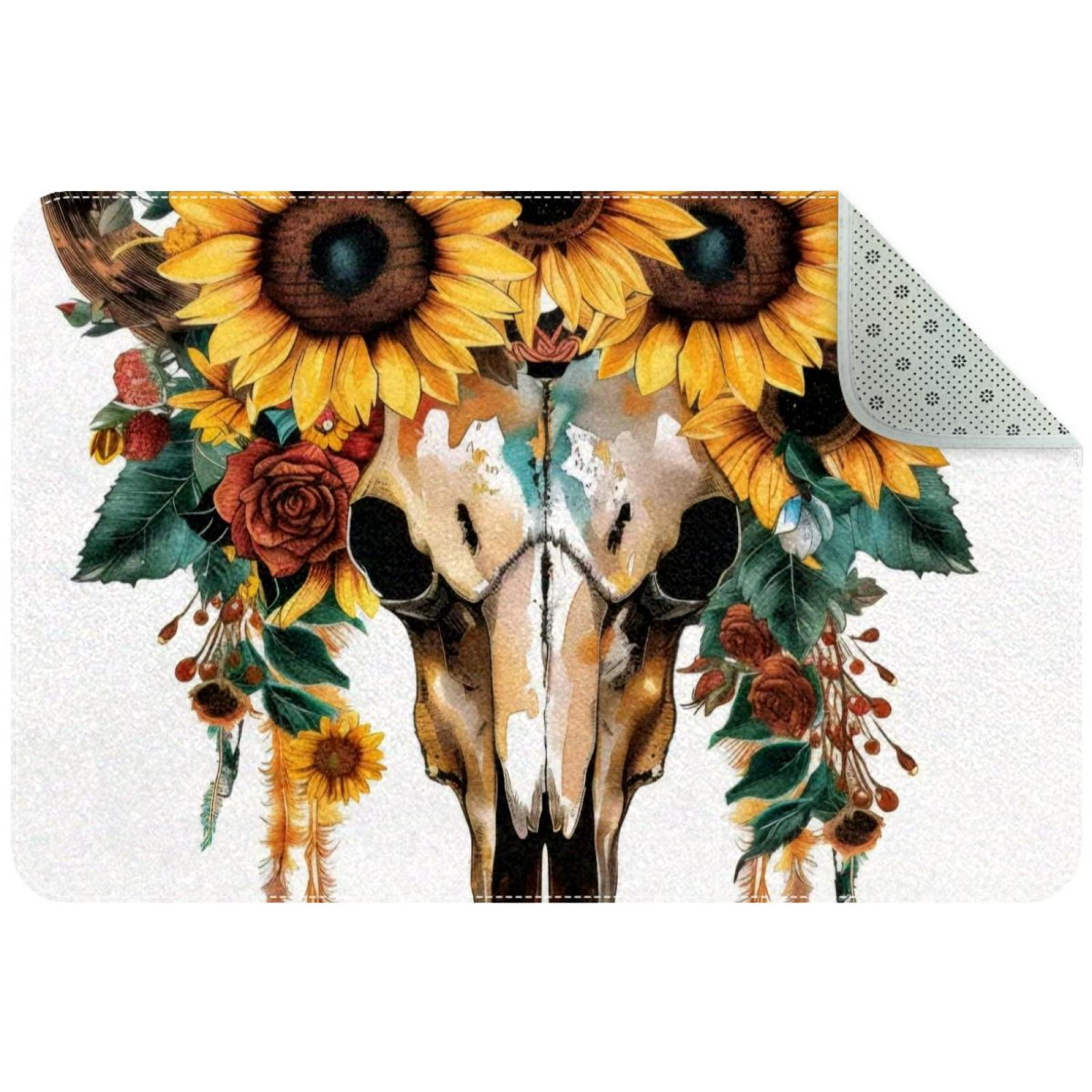 Aesthetic Boho Sunflower Bull Skull Entryway Rug, 2x3 Area Rug Indoor