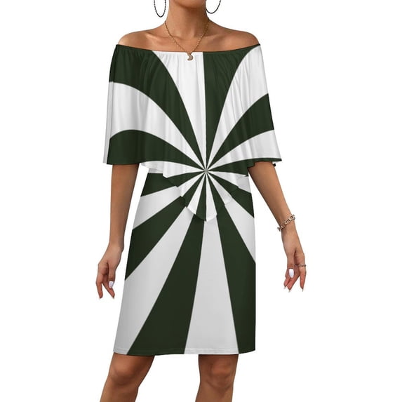 Aesthetic Bottle Green And White Sunburst Women's Off The Shoulder Ruffles Summer Wedding Guest Loose Casual Party Beach Dress