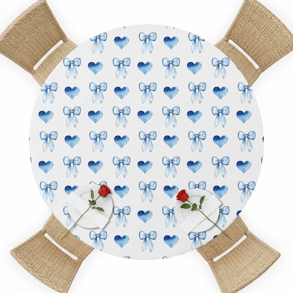 Aesthetic Bow Round Table Cover, Blue Gradient Heart Bow Blue Theme Waterproof Fitted Tablecloths for 36"-44" Tables, Washable Picnic Table Cover for Camping Dining Indoor Outdoor