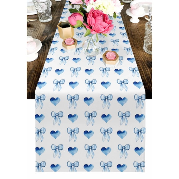 Aesthetic Bow Table Runner, Blue Gradient Heart Bow Blue Theme Washable Cotton-linen Table Runners Dining Kitchen Decoration for Everyday Home Wedding Party Decor, 13 x 72 Inch