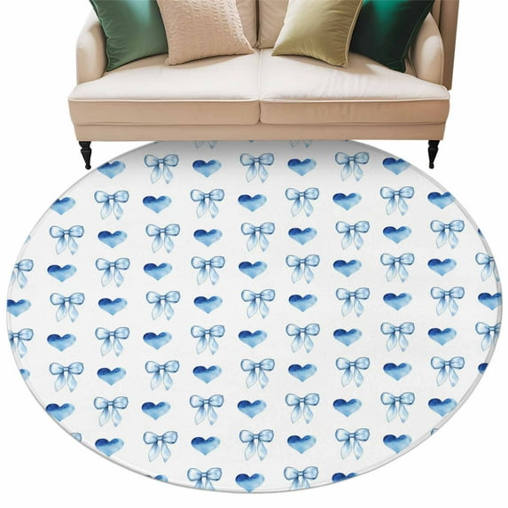 Aesthetic Bow Washable Round Area Rug 8 ft, Blue Gradient Heart Bow Blue Theme, Soft Non Slip Rugs Stain Repellent Indoor Felt Carpet for Living Dining Room Bedroom Home Office