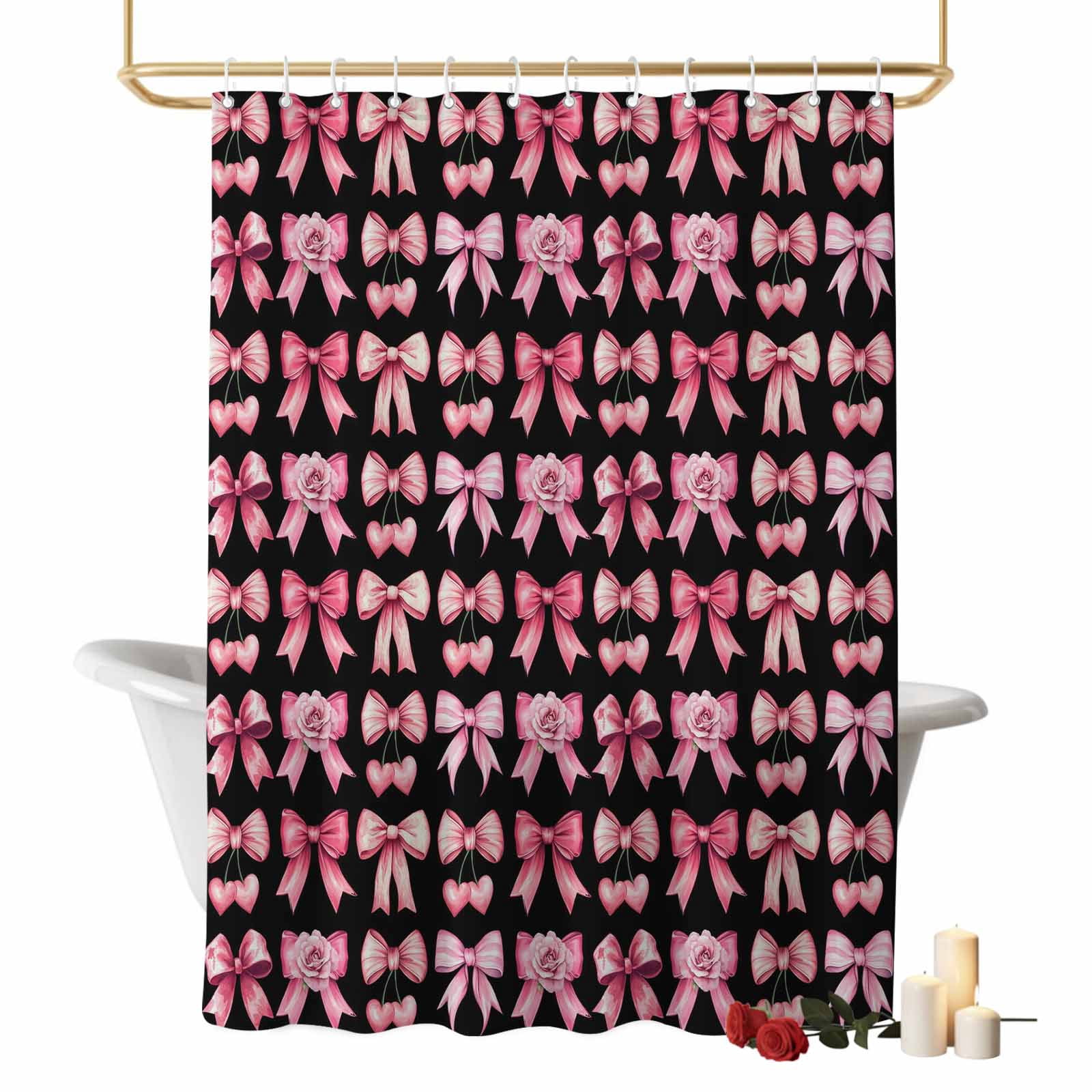 Aesthetic Bows Bathroom Shower Curtain, Pink Bow Rose Bow Black