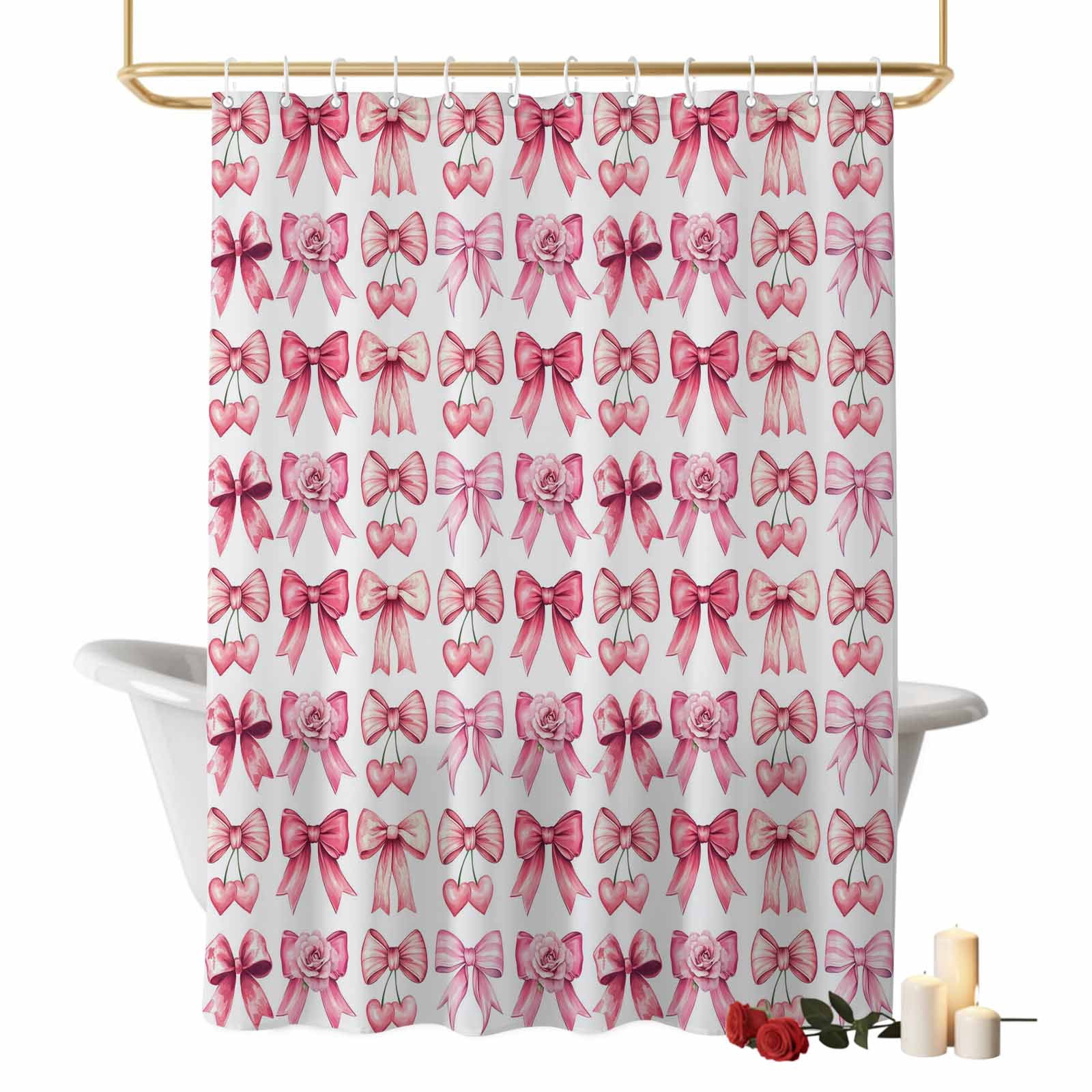 Aesthetic Bows Bathroom Shower Curtain, Pink Rose Bow Love Bow White