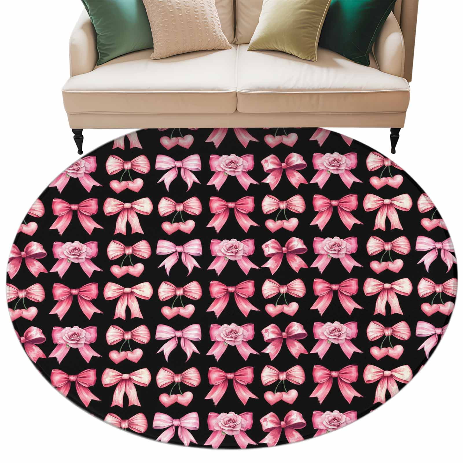 Aesthetic Bows Washable Round Area Rug 7 ft, Pink Bow Rose Bow Black ...