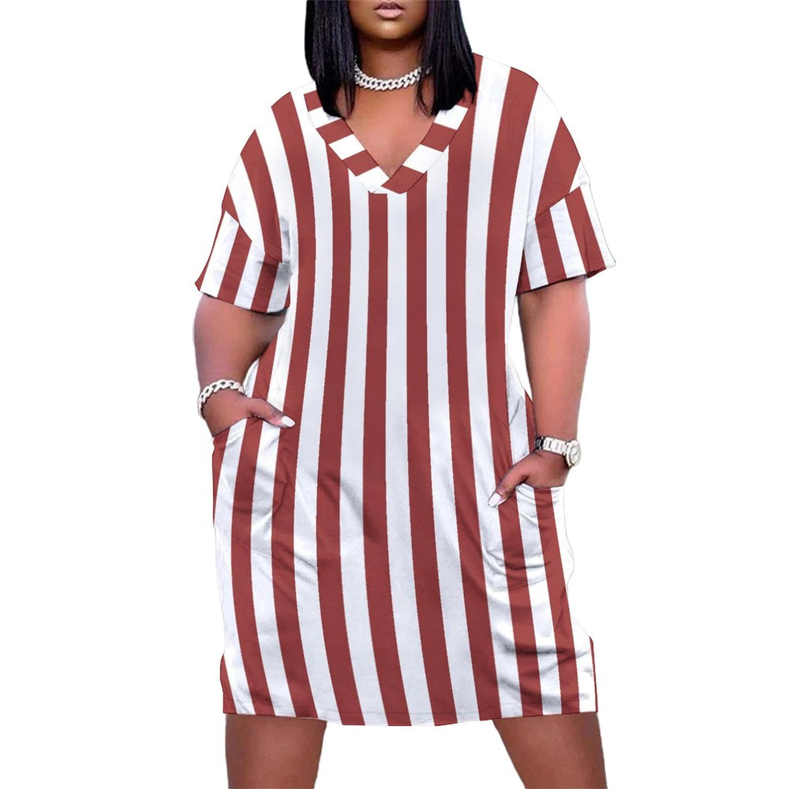 Solid Midi Dress Women Summer Short Sleeve V-Neck Dresses Mid-Calf Length Sundress Elegant Causal Holiday Baggy Robe