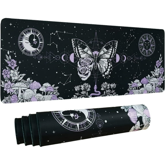 Aesthetic Butterfly Goth Gaming Mouse Pad XL, Mushroom Moon Phase Galaxy Mousepad Black Purple Long Large Desk Mouse Mat, Spooky Witch Goth Desk Accessories Stuff Decor, 31.5 X 11.8 Inch