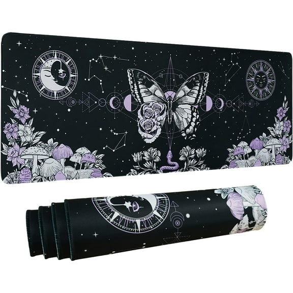 Aesthetic Butterfly Goth Gaming Mouse Pad XL, Mushroom Moon Phase Galaxy Mousepad Black Purple Long Large Desk Mouse Mat, Spooky Witch Goth Desk Accessories Stuff Decor, 31.5 X 11.8 Inch