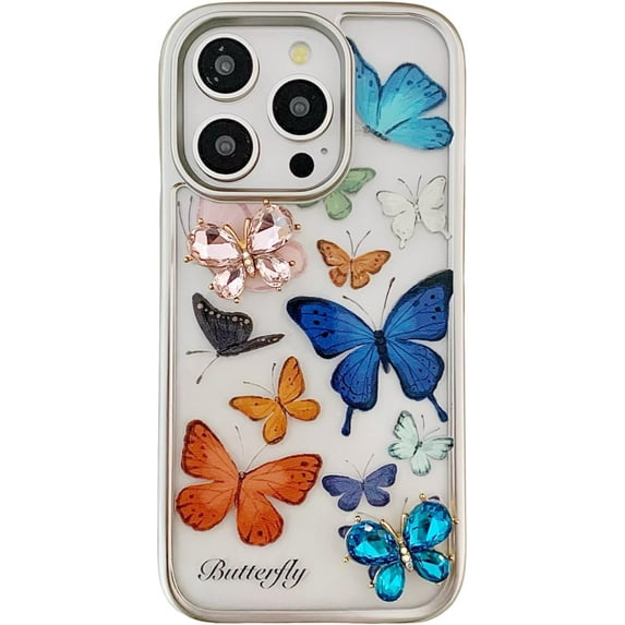 Aesthetic Butterfly Silver Clear Phone Case for iPhone 14 Pro Max with 3D Crystal Butterflies Sticker Cute Y2K Design Slim Glossy Trendy Girly Cover(iPhone 14promax 6.7in)